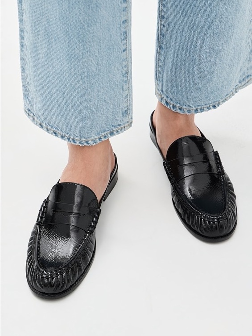 Reformation Francine Loafer Mule in Black Crinkle Patent